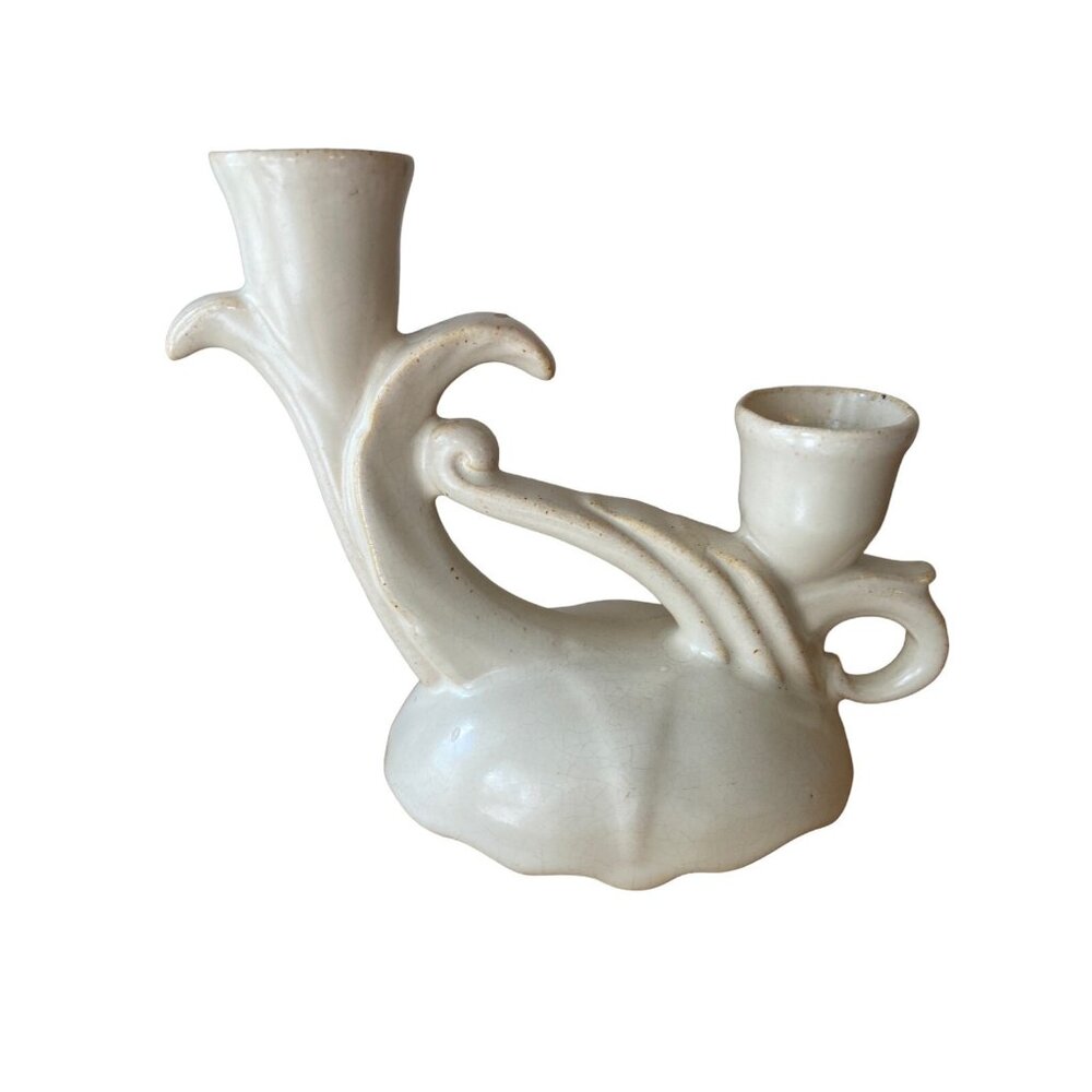 Vintage Art Deco Double Candle Holder Ivory Glaze Sculptural Ceramic 1950s